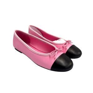 Raye Natalia Bubblegum Pink & Black Leather Cap Toe Bow Slip On Ballet Flats